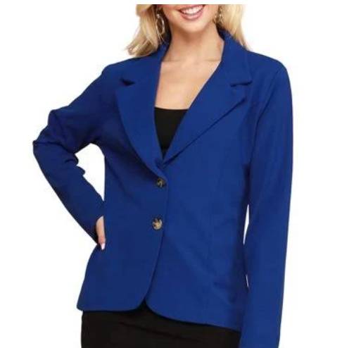 A female wearing a blue blazer jacket
